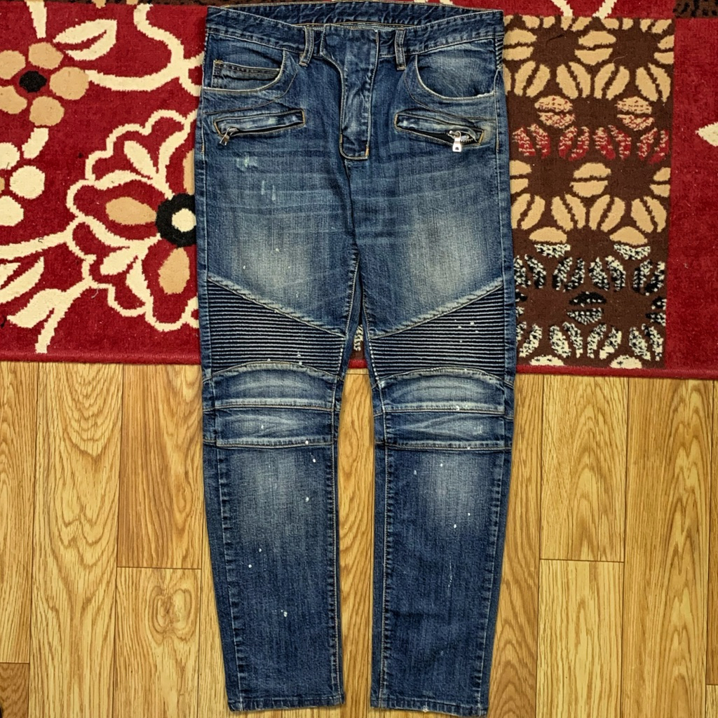 BALMAIN PARIS PAINTED BIKER DENIM PANTS SIZE 35 | BIKER DENIM PANTS BALMAIN | LONGPANTS BIKERS BALMA