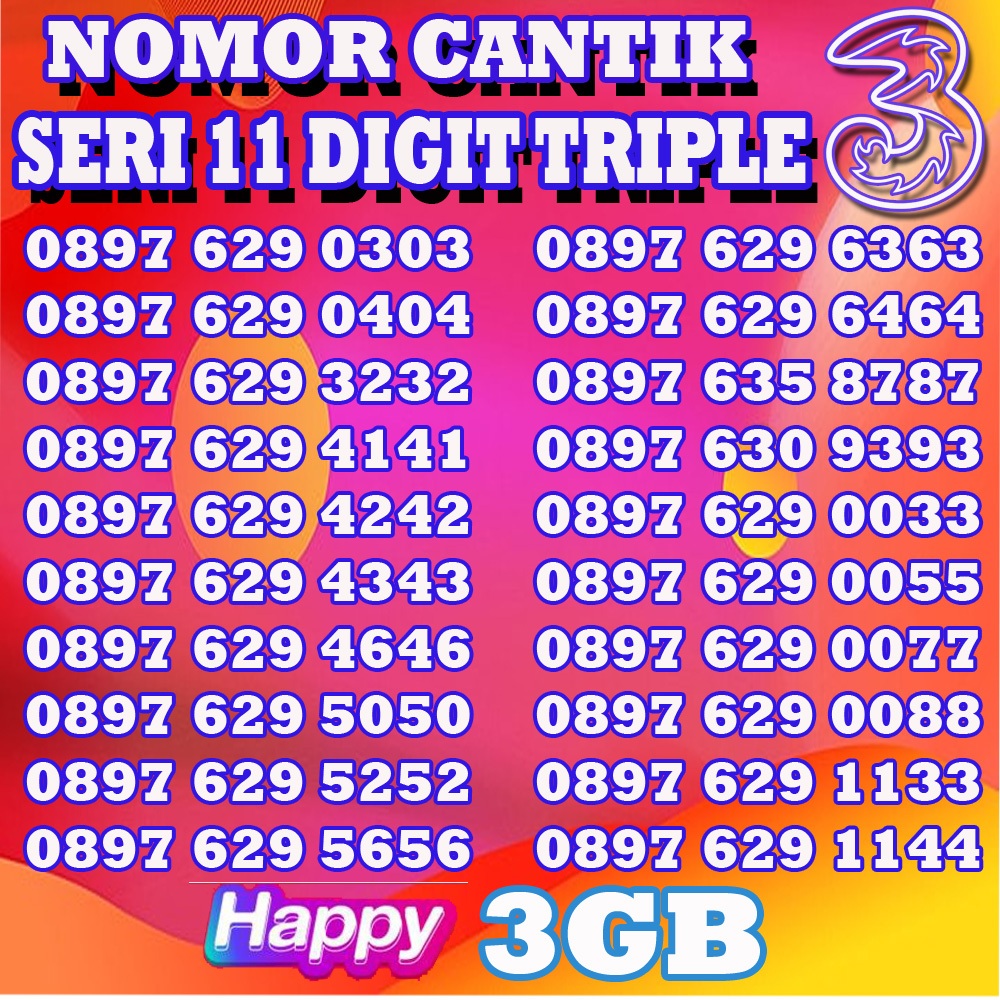 Kartu Perdana Tri 3 Prabayar Kategori 11 Digit Seri Triple Nomor Cantik Anag 1