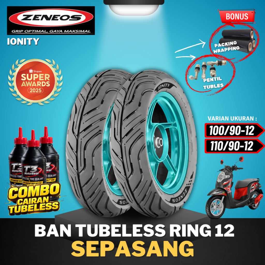[PAKET SEPASANG] BAN ZENEOS IONITY ( 100/90-12 & 110/90-12 ) RING 12 / BAN TUBELESS ZENEOS RING 12 B