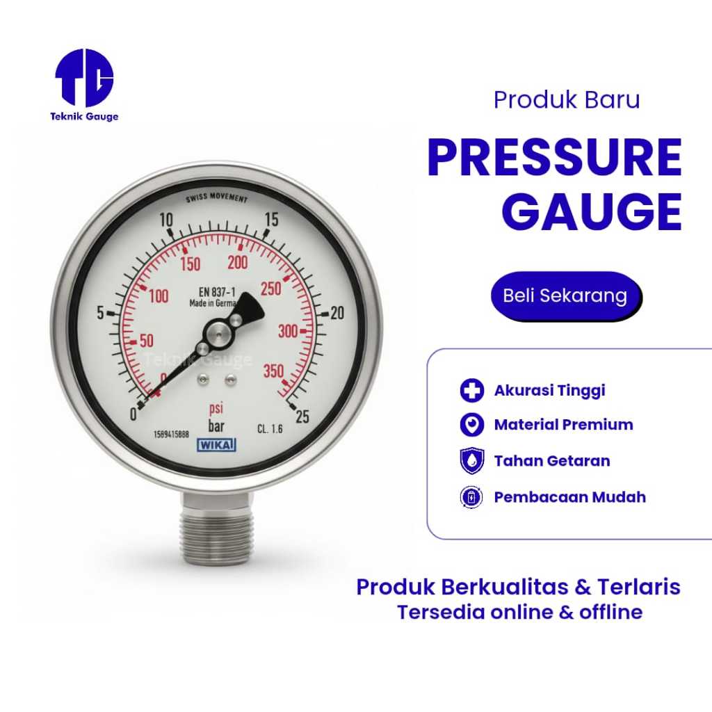 Pressure Gauge Wika 4 inch Bottom Full Ss 0-25 Bar&Psi Drat 1/2 Npt