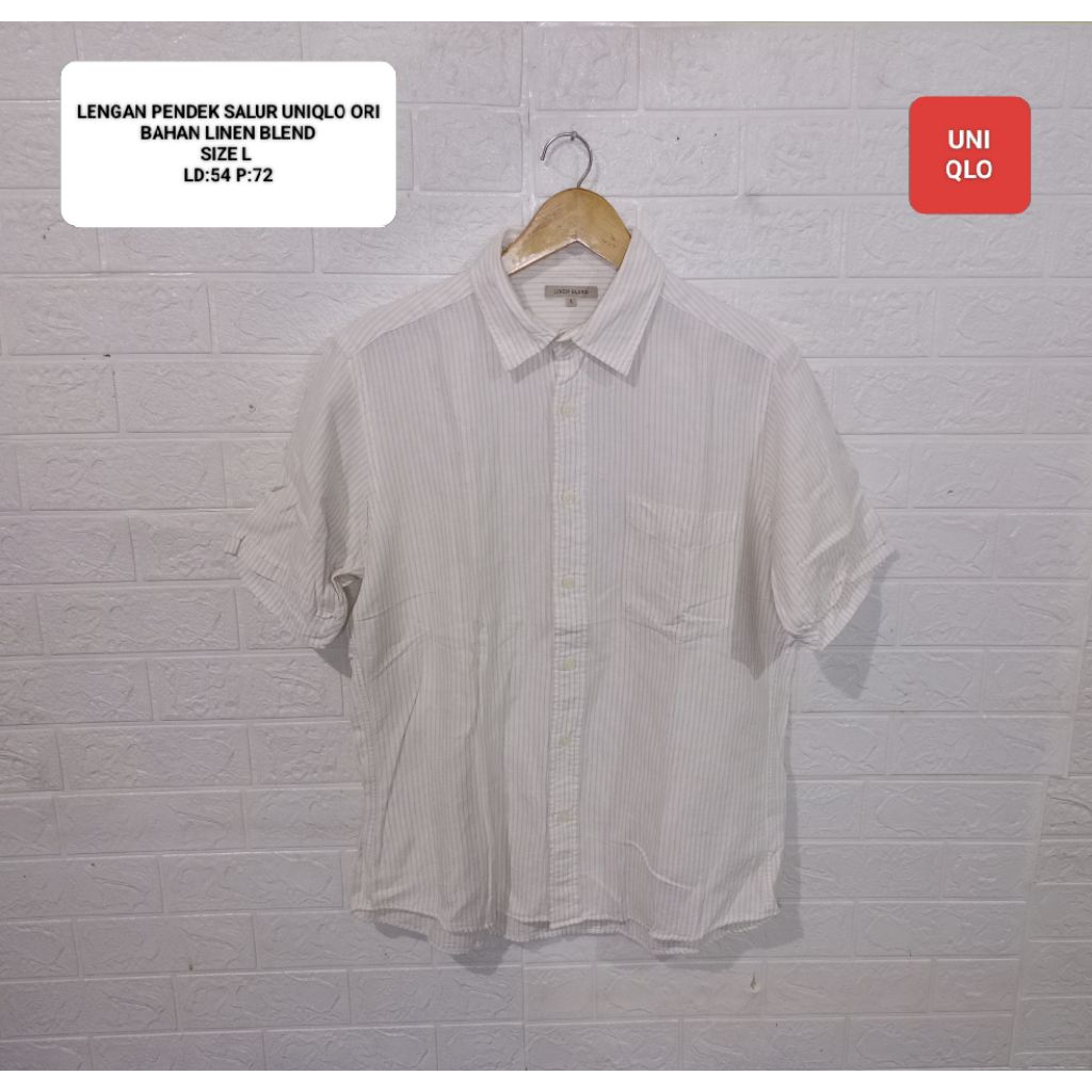 KEMEJA PENDEK LINEN SALUR PUTIH KREM UNIQLO ORI SIZE L