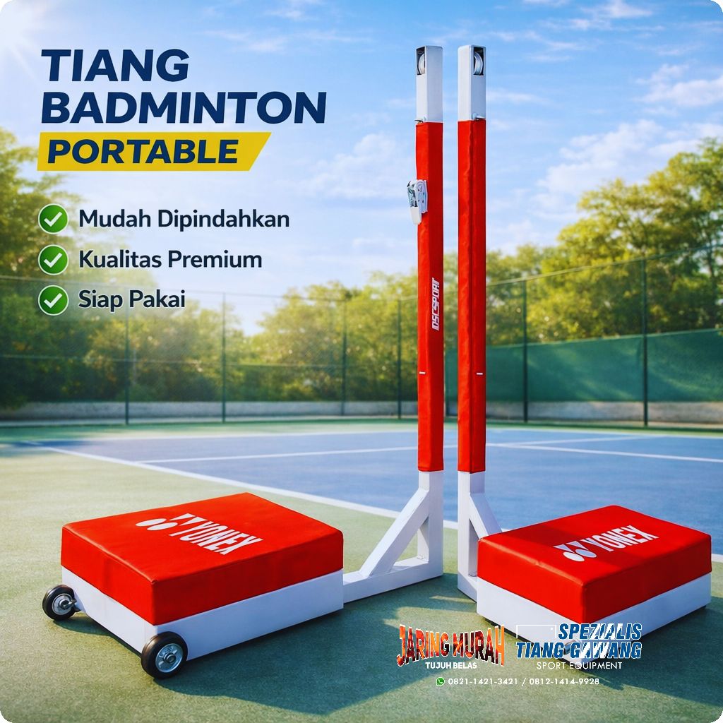 Tiang Badminton Portable Besi Hollo 5x5 cm + Roda & Pemberat Cor 50kg – Tiang Net Badminton Lapangan