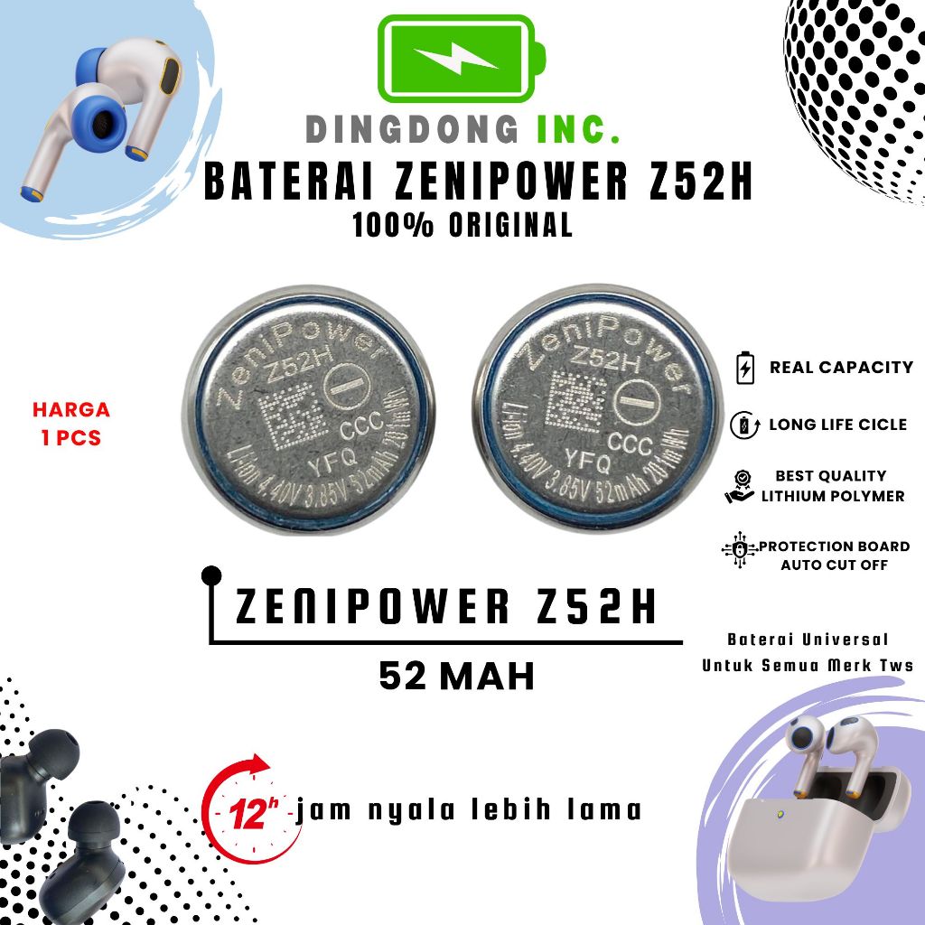 Baterai ZeniPower Z52H 3.85V 52mAh Asli untuk Servis TWS Sony C500 LinkBuds S - Batre Koin Tipe 1254