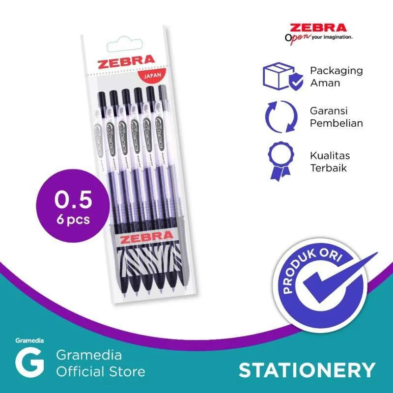 Gramedia Serpong - ZEBRA KOKORO GEL 05 BLACK SET 6 / Pulpen Gel Kokoro Warna Hitam Set 6