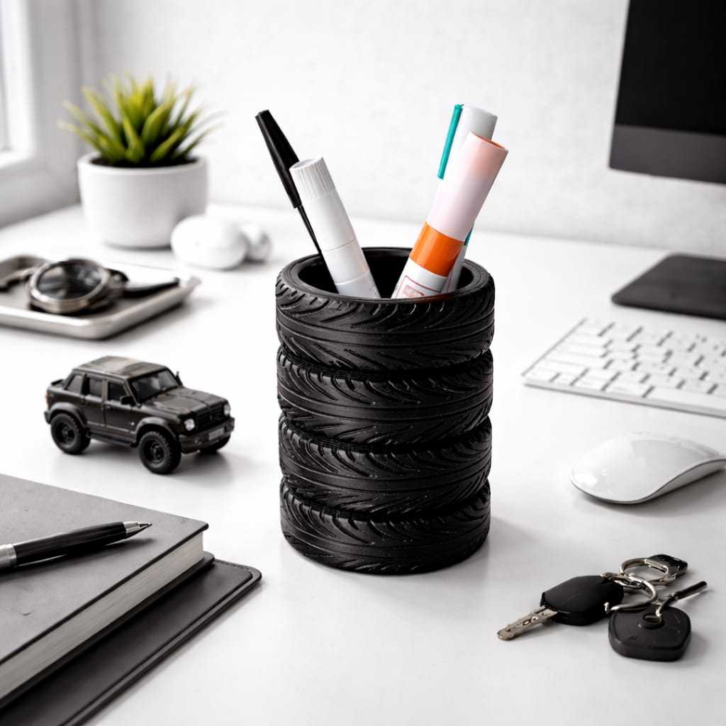Tempat Pensil Meja Ban Mobil Unik – Pen Holder Aesthetic Desk Organizer Minimalis Aksesoris Meja Ker