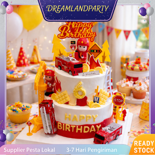 Cake Topper Ulang Tahun Mobil Truk Excavator Firefighter Plastik Dekorasi Kue Ulang Tahun