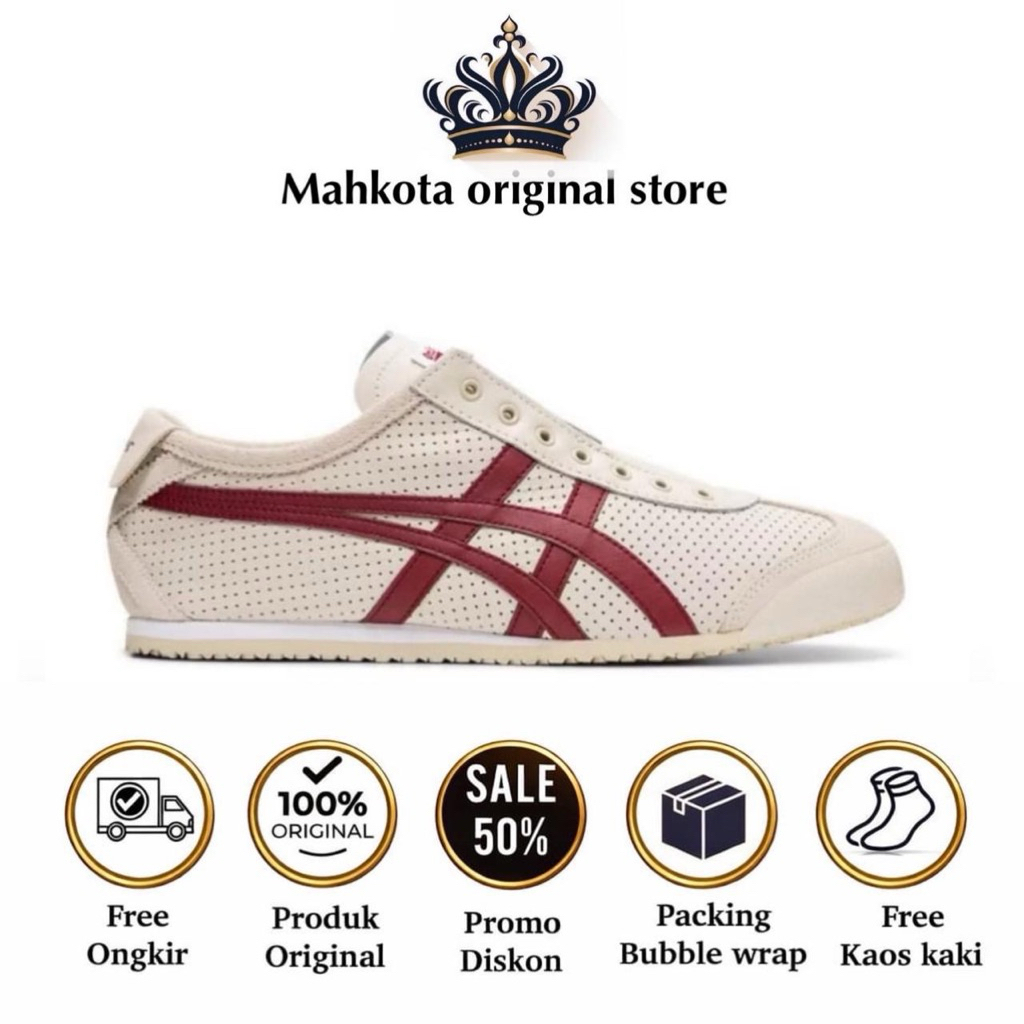 Sepatu Pria Wanita Unisex Original 0nitsuka Slip-On Leather Cream Maroon Sneakers Shoes Casual