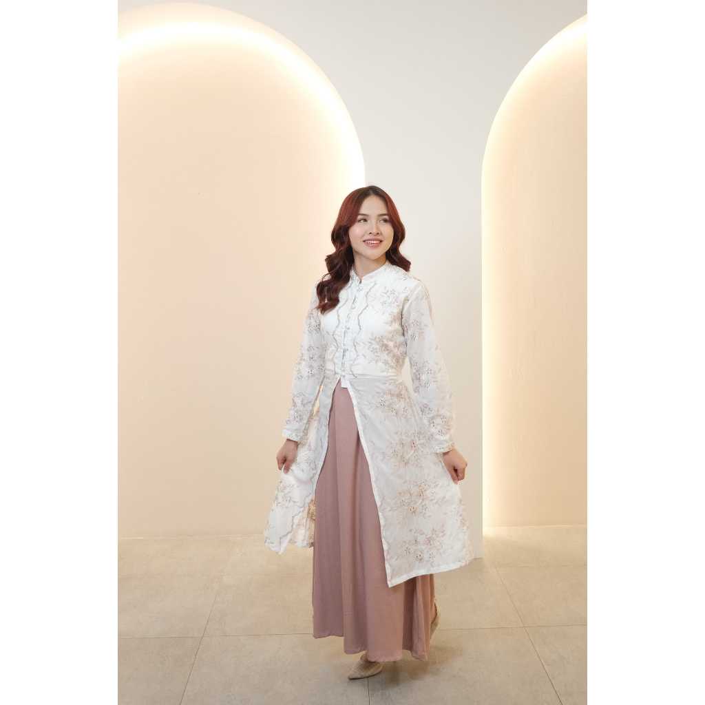 Missty Gamis Dress Tunik Warna Putih Pink One Set Celana Panjang Motif Burkat Premium BEST SELLER (R