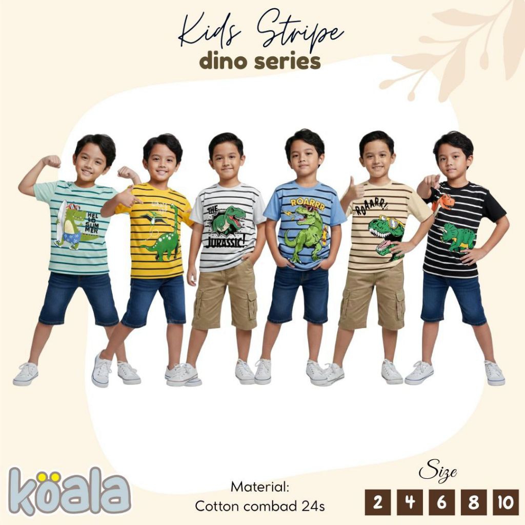 Koala Kids Outfit Boy Kids Stripe Dino Series/ Kaos Anak Laki-laki 2-10 Tahun/ Kaos Anak Murah