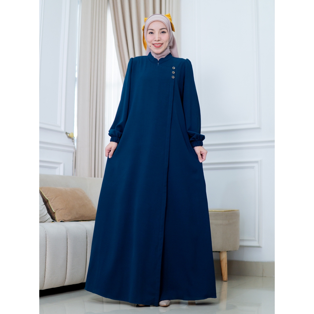 Gamis Polos Casual Bahan Sabrina Anti UV Model Kancing Asimetris Lengan Balon Busui Friendly