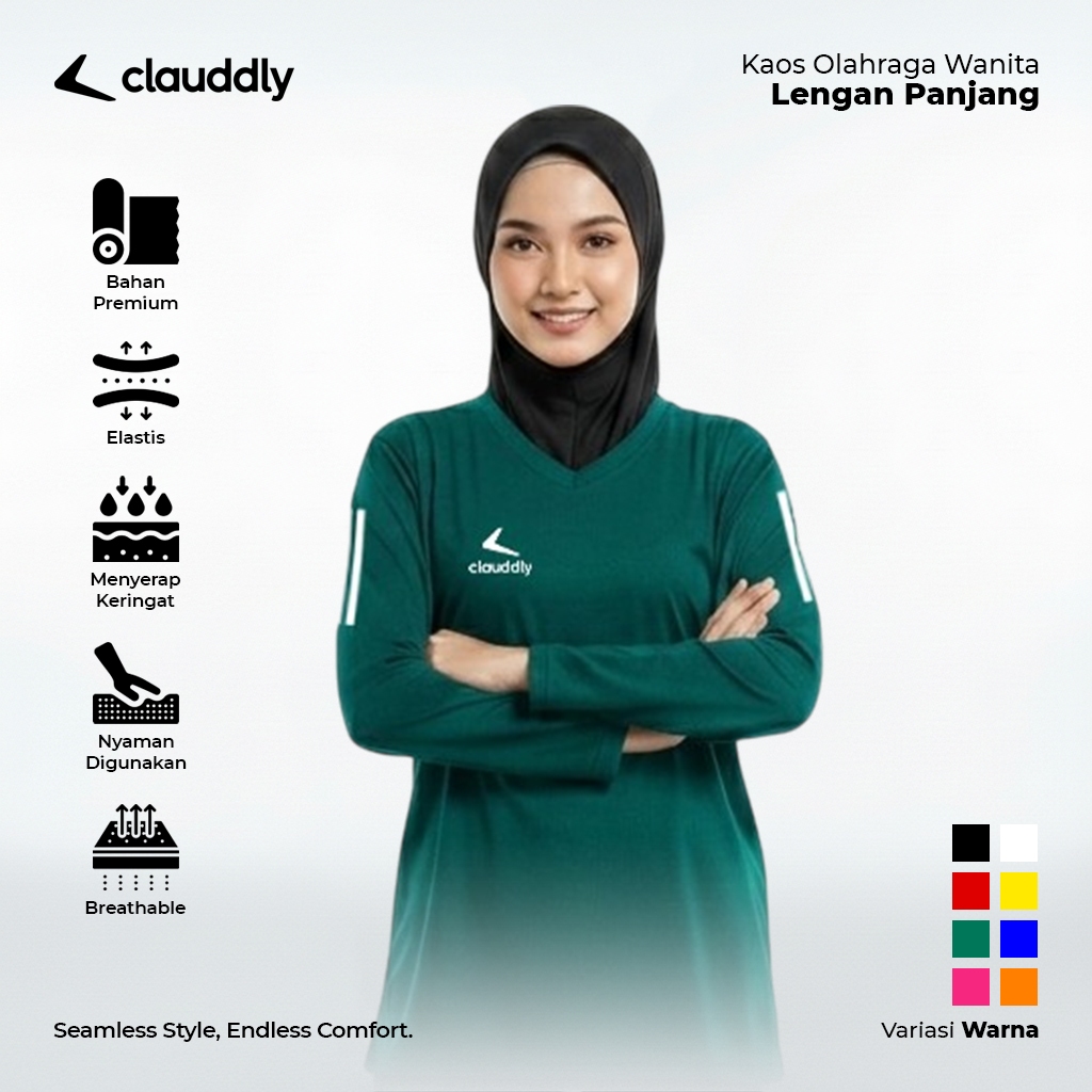 Kaos Olahraga Wanita Warna Hijau Botol Panjang Kaos Clauddly Running Senam Fitness Lari Size Jumbo