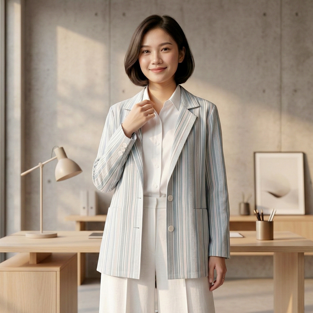 Novel Mice | Blazer Wanita Katun Salur | Outer Wanita Blue Stripe Lengan Panjang Motif Salur