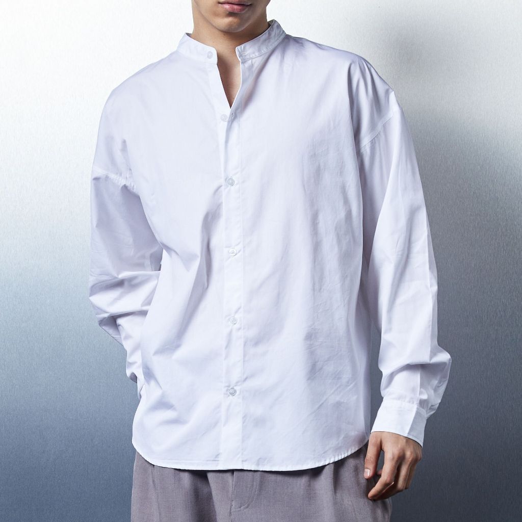 GRAYE HOMME Kemeja Oversize Panjang Muslim Kerah Koko Shanghai Pria Warna Putih Style Korea Kekinian