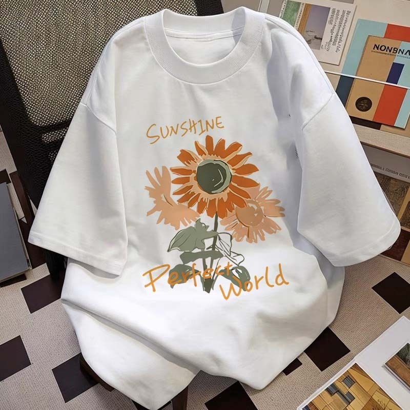 YUYU STUDIO Baju Wanita Kaos Wanita Korean Style Lengan Pendek Bunga Matahari Teks Penyembuhan Baju 