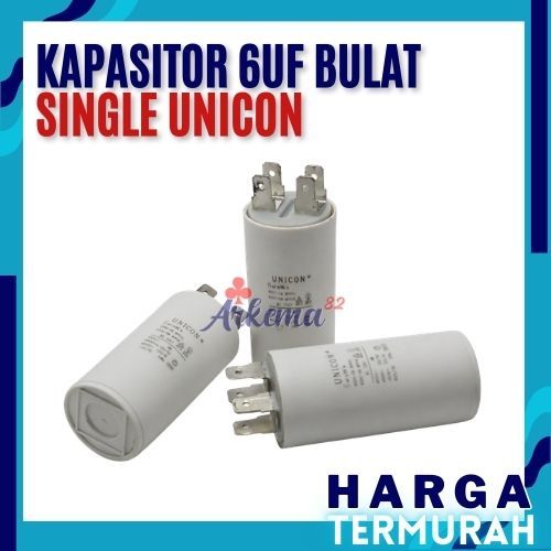KAPASITOR BULAT SINGLE UNICON 6UF |  ELCO / CAPASITOR MESIN CUCI / POMPA AIR | KAPASITOR SINGLE 6 UF