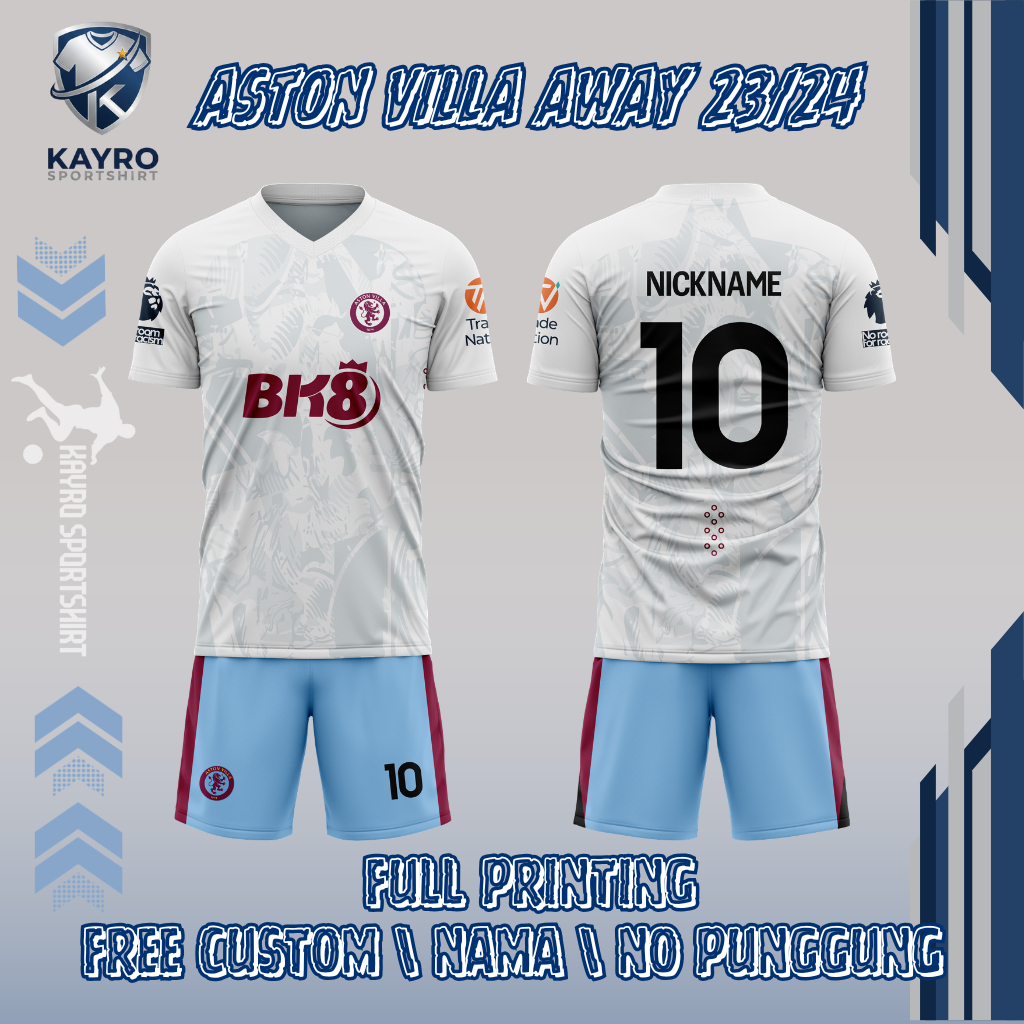 Jersey Bola Aston Villa Away 2023-2024 Dryfit Milano Free Custom Nama Nopung Anak Dewasa Unisex
