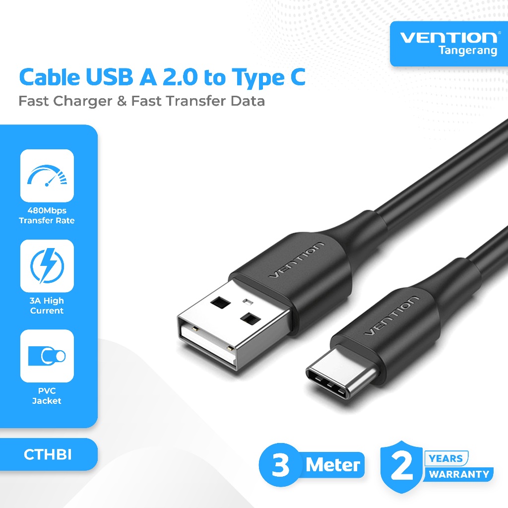 Vention Kabel Charger Data USB 2.0 to Type C Fast Charging 3A Support FCP Qualcomm QC AFC Black Char