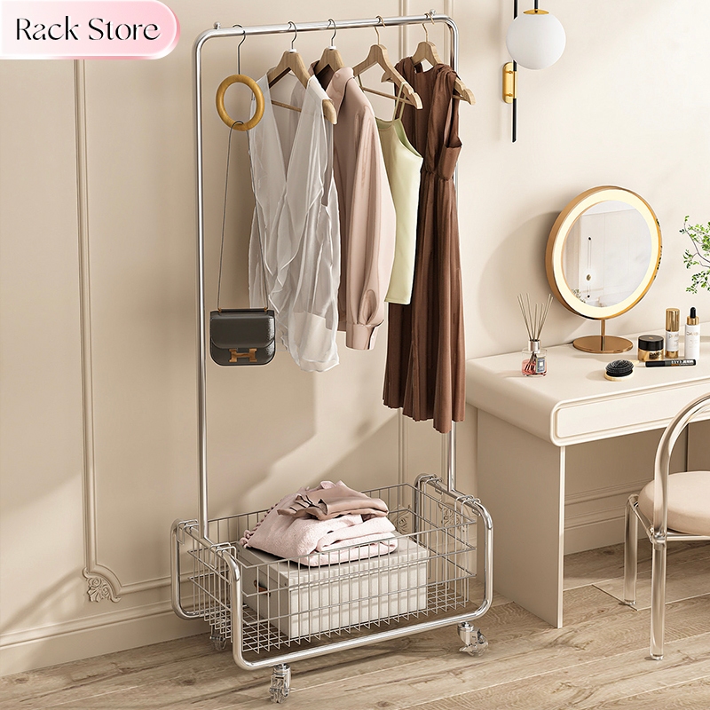 Rak Gantungan Baju Stand Hanger Berdiri Jemuran Roda Besi Stainless Berdiri Rak Troli Dorong