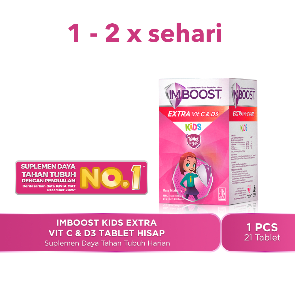 Imboost Kids Extra Vit C & D3 Tablet Hisap Suplemen Daya Tahan Tubuh Anak [1 Botol - 21 Tablet]