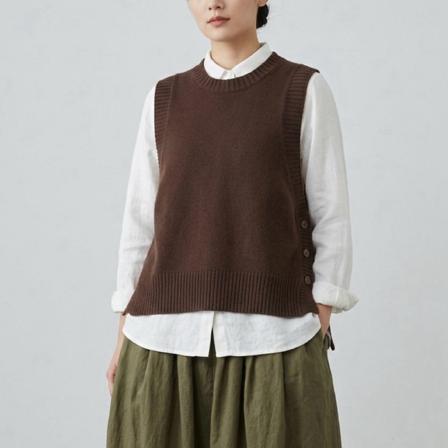 VEST ROMPI OUTER RAJUT COKLAT ABU TUA KANCING SAMPING KOREA IMPORT