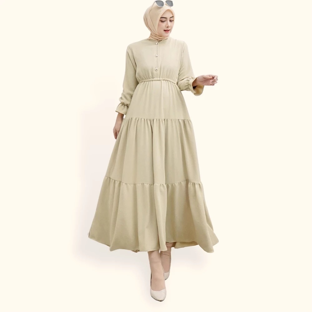 Long Dress gamis maxi lengan panjang wanita muslim cantik variasi kancing emas Azka - chubby fashion
