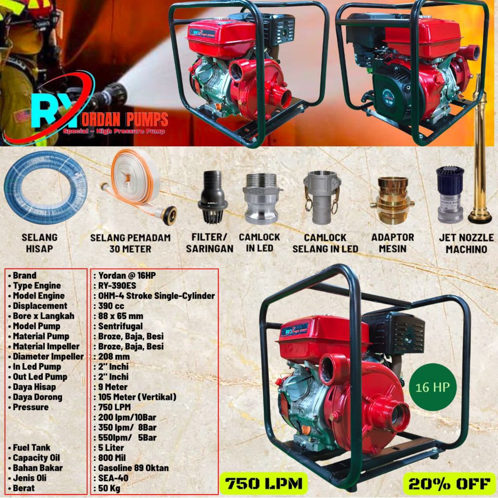 POMPA PEMADAM YORDAN 16HP RY-390R KOMPLIT SIAP PAKAI