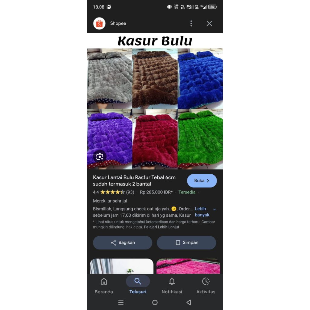 Kasur Lantai Bulu Rasfur Tebal 6cm Sudah Termasuk 2 Bantal