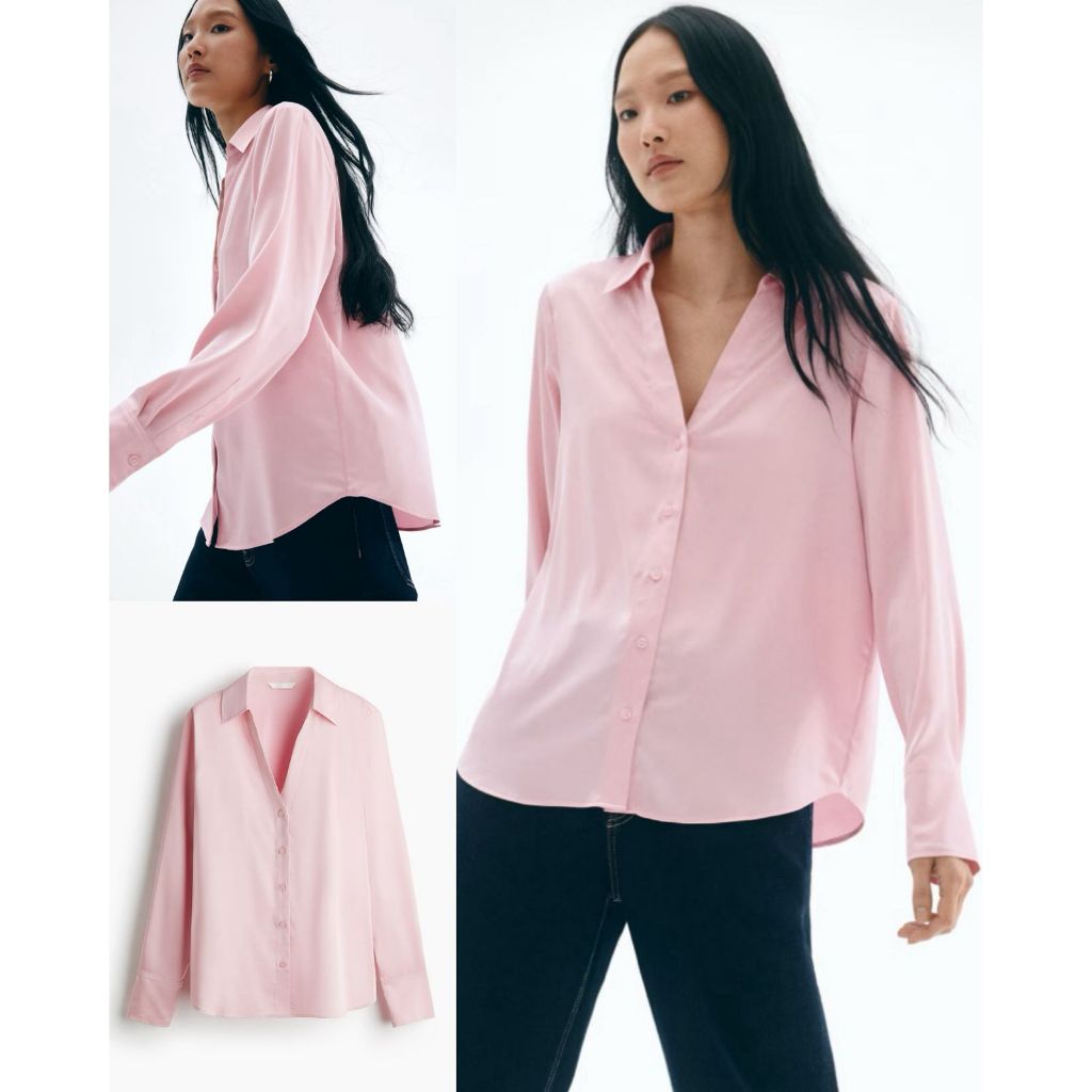 Kemeja Lengan Panjang Wanita V-neck Bahan Satin Silk Lembut Mewah | Women's V-Neck Blouse - HM-9973