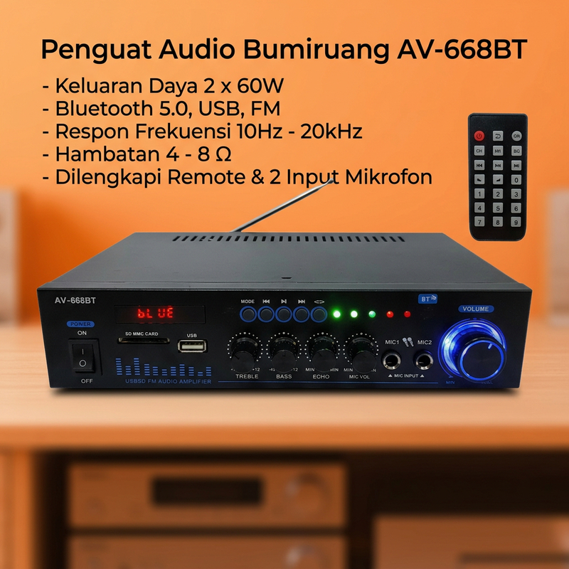 Amplifier Karaoke Bluetooth AV668BT 2CH 60W 60W USB SD FM input mic remote AC220V DC12V