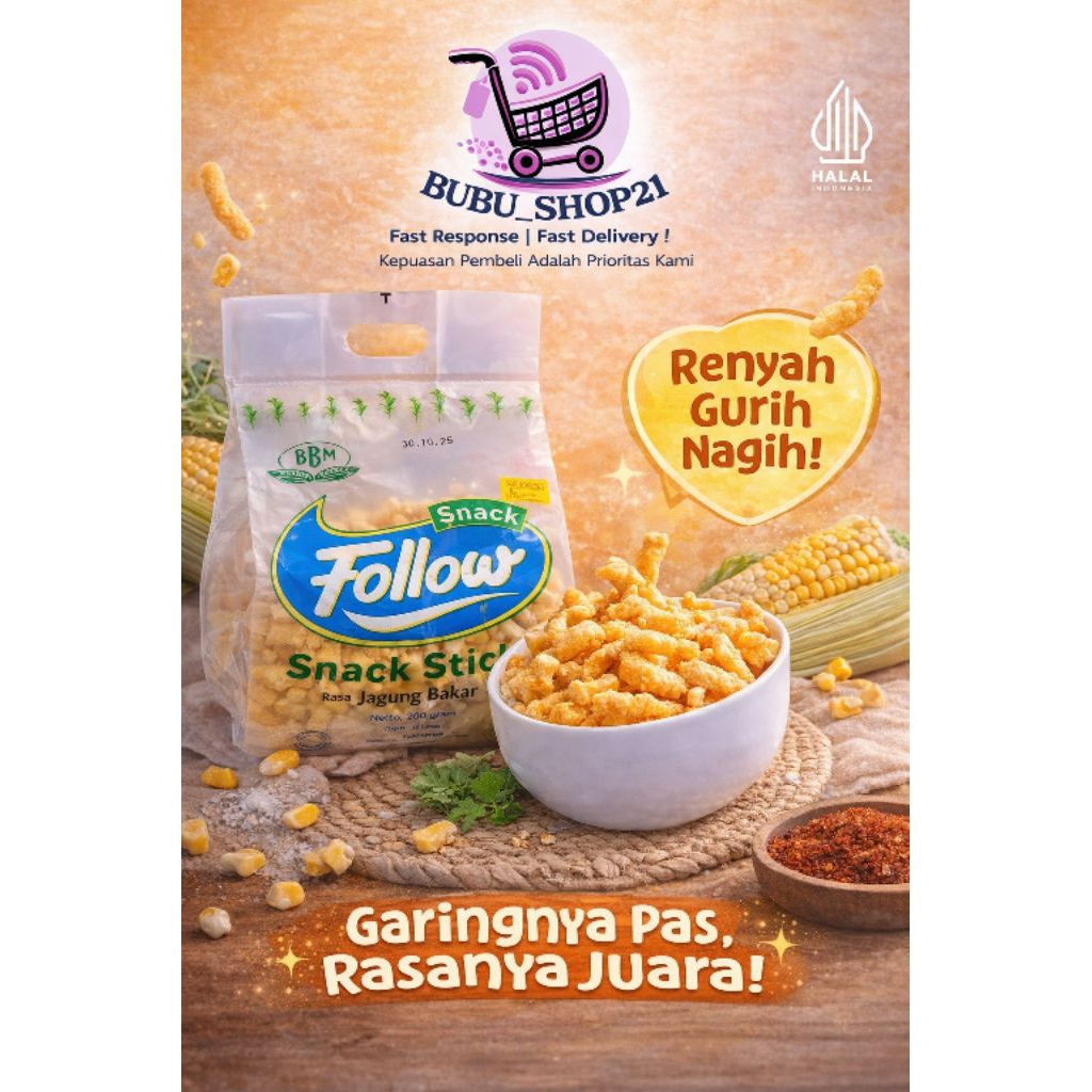 Follow Snack Stik Jagung Bakar 200gr | Snack Renyah Gurih | Camilan Halal Enak & Murah
