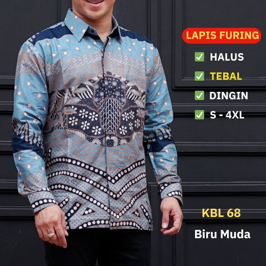 Kemeja Batik Pria Lengan Panjang Lapis Furing Premium Standar & Jumbo Warna Biru Muda Batik Ambari K