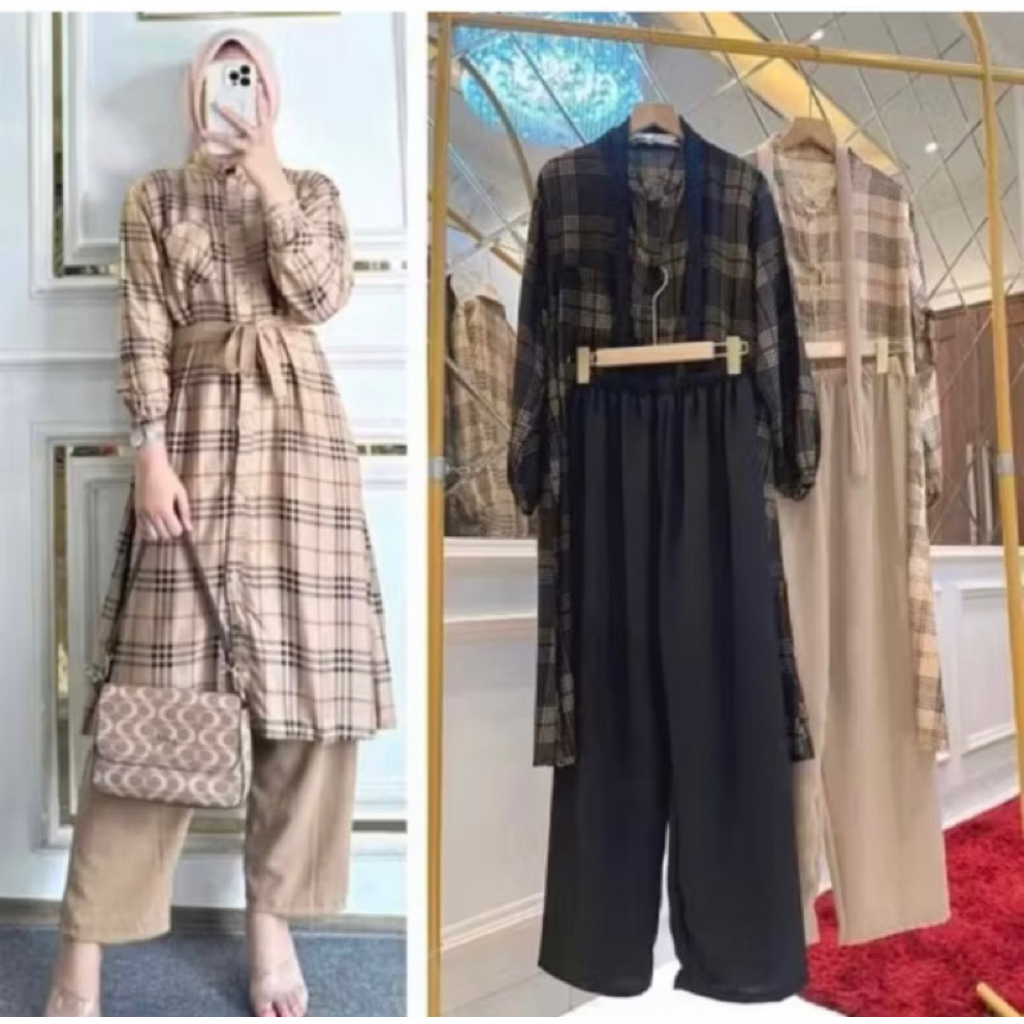 Setelan Tunik Wanita Rayon Crinkle Adem Nyaman Busui Frindly Motif Kotak // Ratri Motif Kotak Kekini
