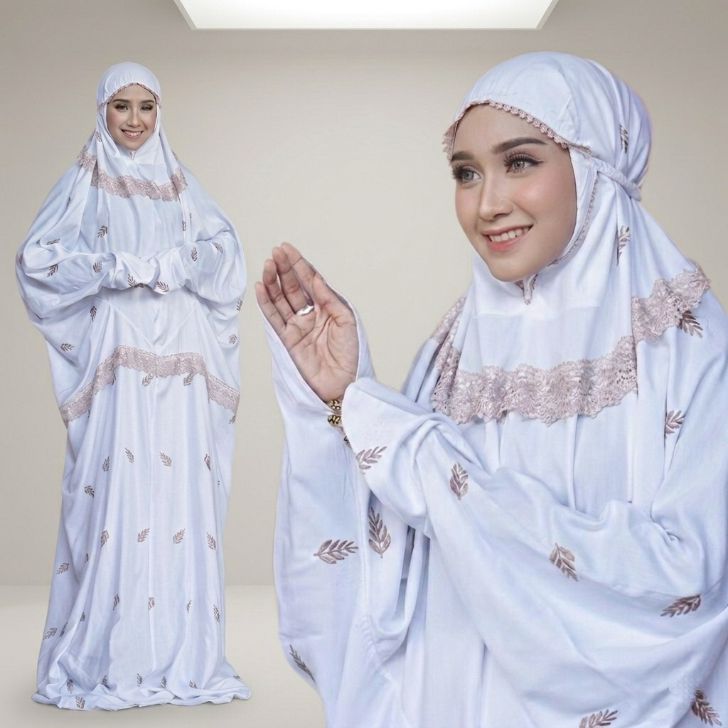 [ANTI GERAH] Mukena Terusan Putih Rayon Viscose Bordir Eksklusif Motif Daun Cemara Elegan - Mukena L