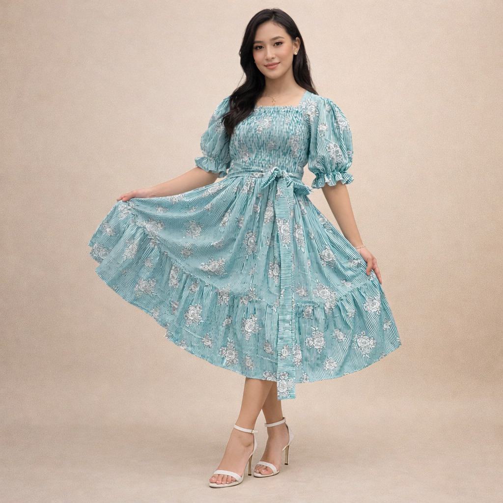 Midi Dress Bahan Katun Jepang Salur Hijau