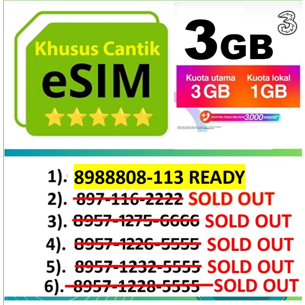 eSIM Three kuota 3gb 30 hari, Khusus HP garansi resmi bisa AON (Always ON)