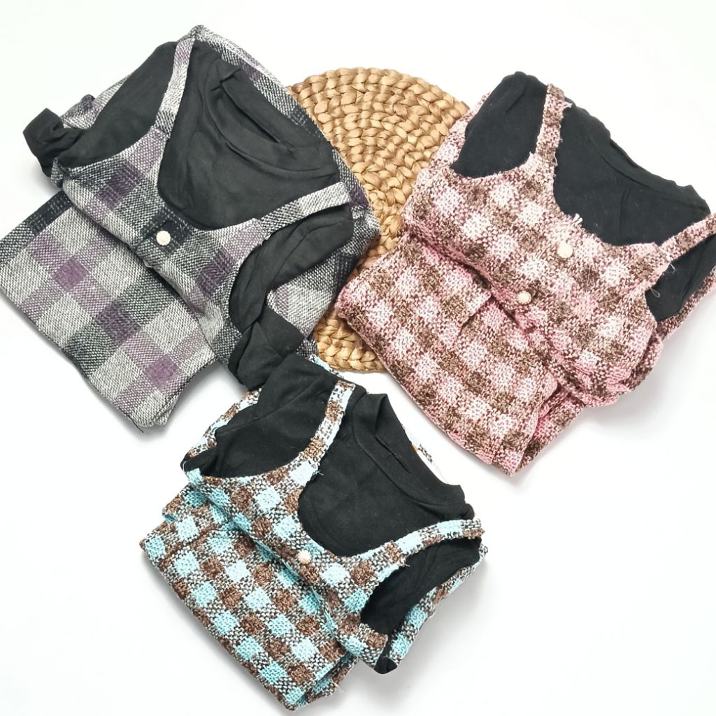 Set Overall Tweed Anak Perempuan | Baju Overall Motif Kotak + Celana Panjang