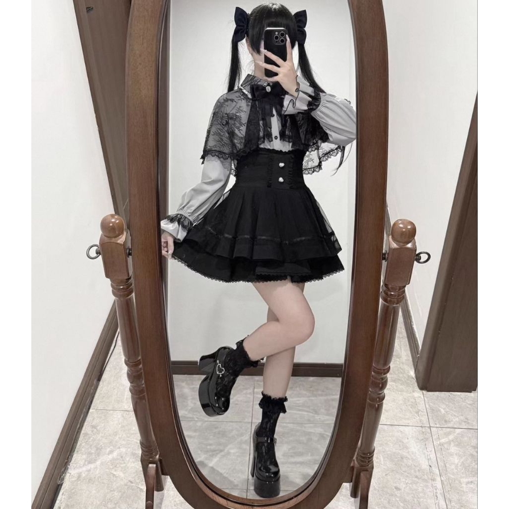 Set Dress Lolita Gothic Kawaii Blouse Lace Ribbon + Rok Mini High Waist Harajuku Korean Style