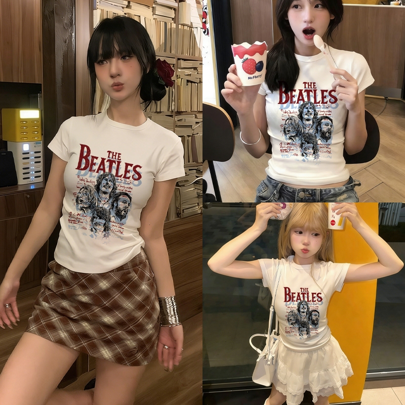 CTCT Kaos Wanita The Beatles Lengan Pendek Ketat Crop Top Vintage Putih Baju Atasan Cewek Band Musik