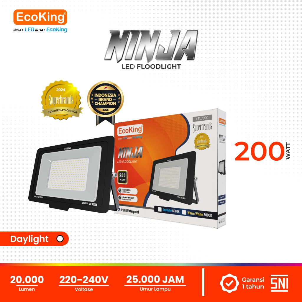 EcoKing Lampu Sorot LED Flood Light Ninja 200W Cahaya Putih (NINJA-EFL7020DL)