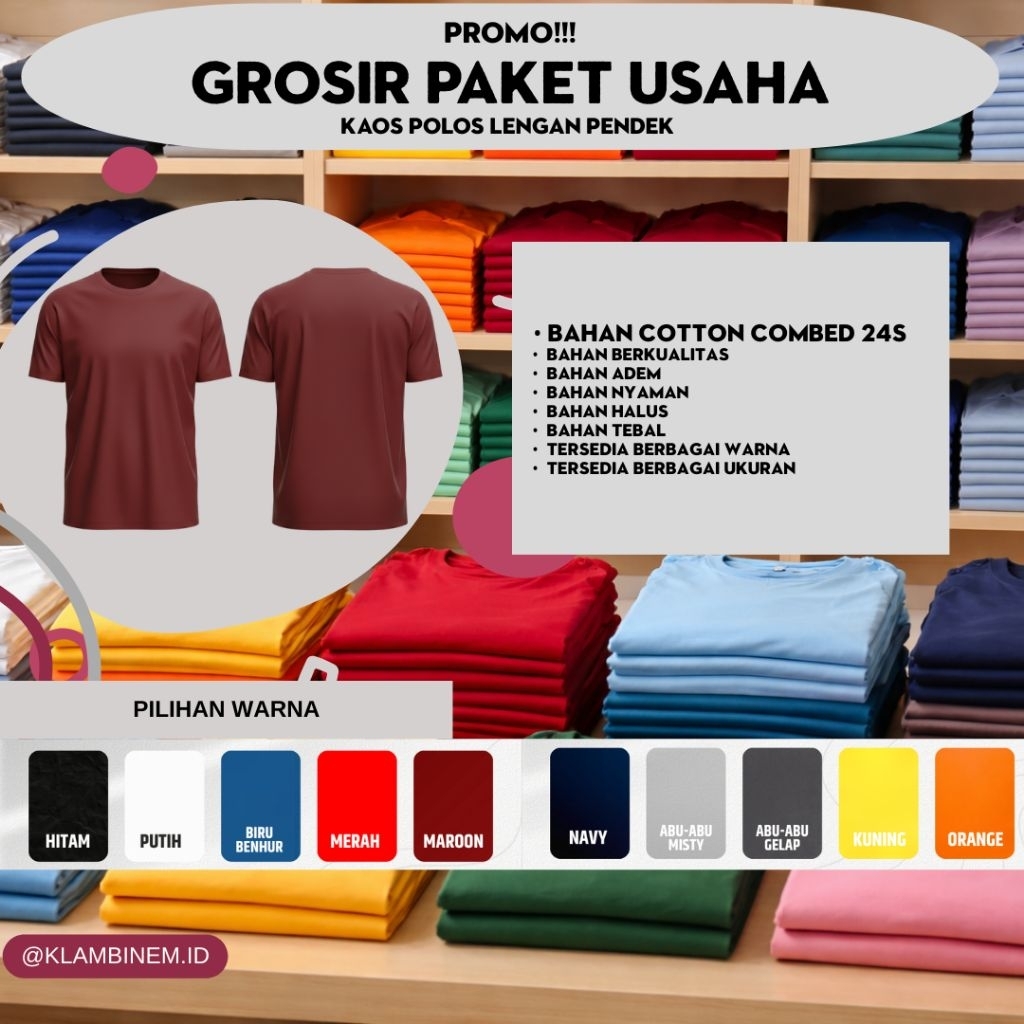 Promo Grosir Paket Usaha Besar Kaos Polos Lengan Pendek Bahan Cotton Combed 24S (Paket isi 40, Paket