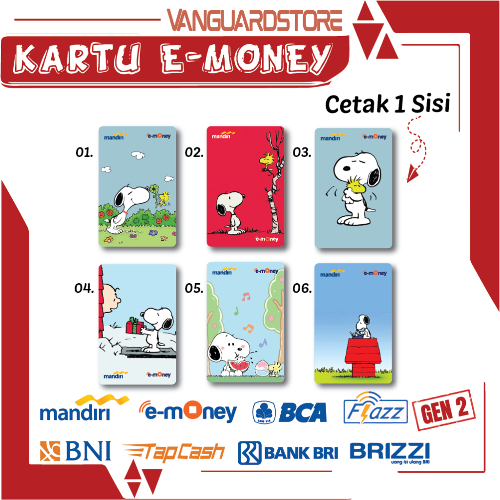 KARTU E MONEY E TOLL KARTUN ANIME SNOOPY NATAL EMONEY MANDIRI FLAZZ BCA TAPCASH BRIZZI BRI - 1 SISI