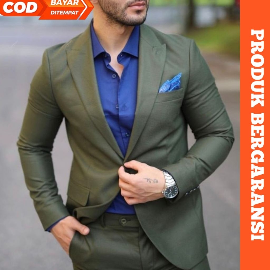 Jas Pria Formal Hijau Army Setelan Casual Blazer Slimfit Premium