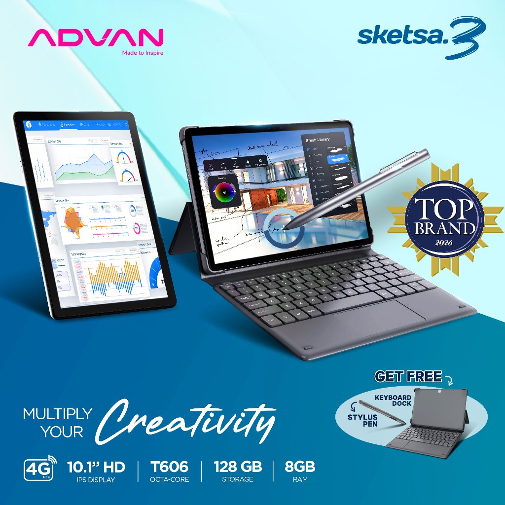 [FREE KEYBOARD + PEN] ADVAN Tab Sketsa 3 | Dual Sim Card 4G LTE | Layar 10.1” HD IPS | 128GB+RAM 6GB