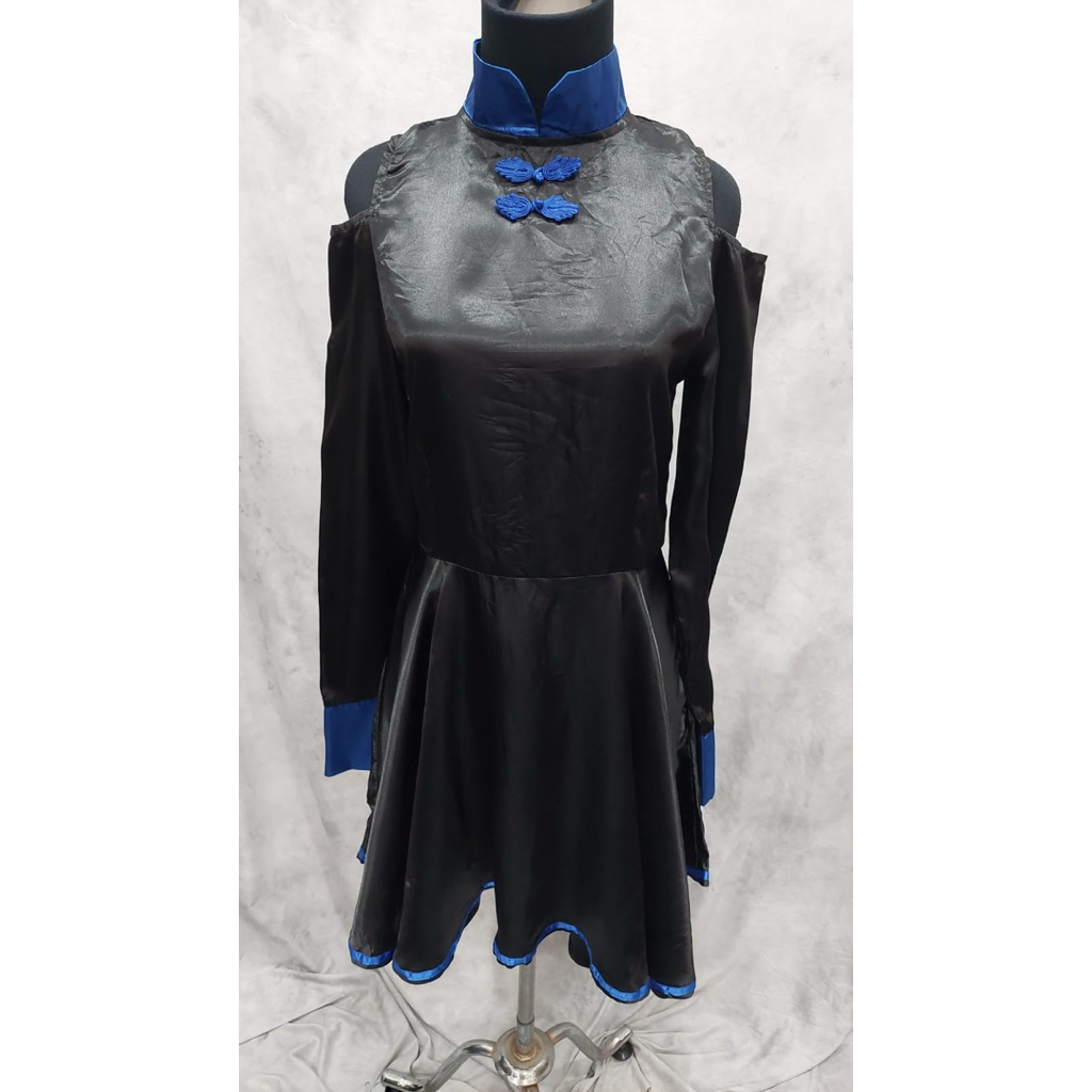 Dress cheongsam hitam lengan panjang mix biru cantik