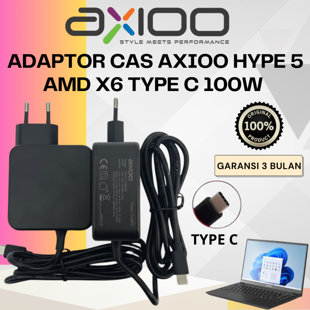 Adaptor Cas Laptop Axioo Type C 100w | Axioo Hype 5 Amd x6 Original Garansi 3 Bulan