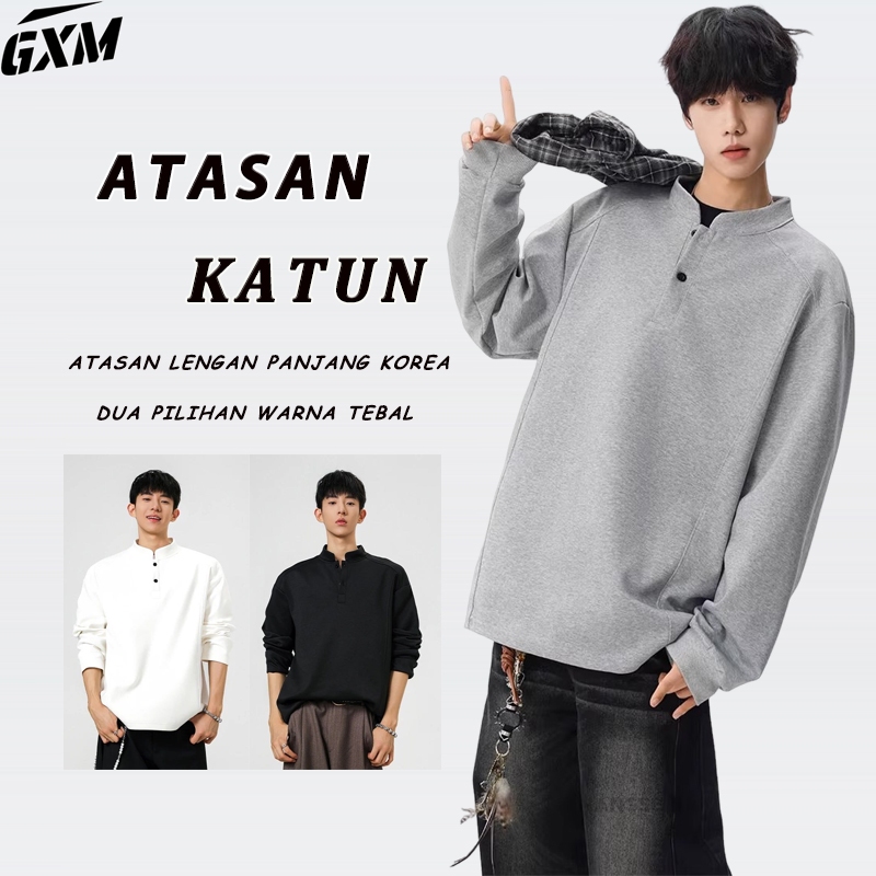 GXM Henley Longsleeve Cotton Shirt Kaos Lengan Panjang Henley Pria Kaos Kancing Lengan Panjang Premi