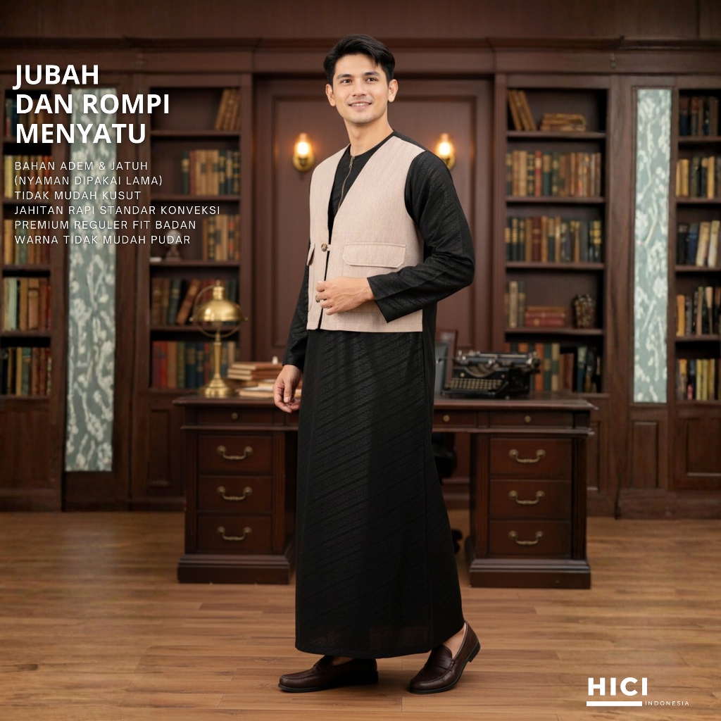 Hici Gamis Rompi Bungur Pria Menyatu Rompi dan gamis one set Bahan Wolfis embos