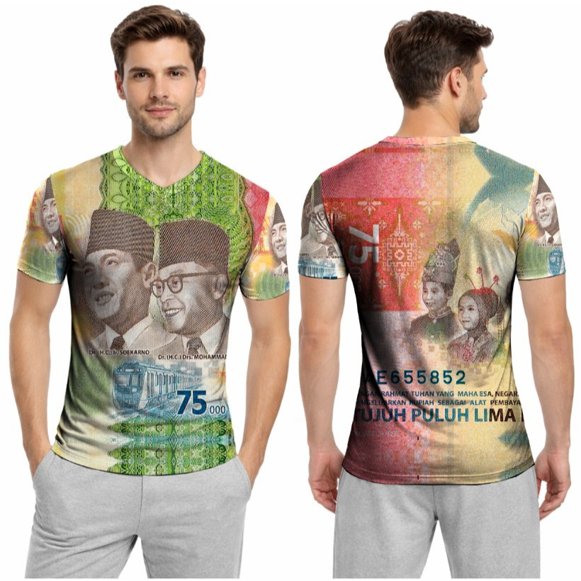 Baju Mata Uang 75 Ribu Fullprint - Kaos Mata uanag 75 ribu - Kaos Anak dan dewasa uang 75 ribu