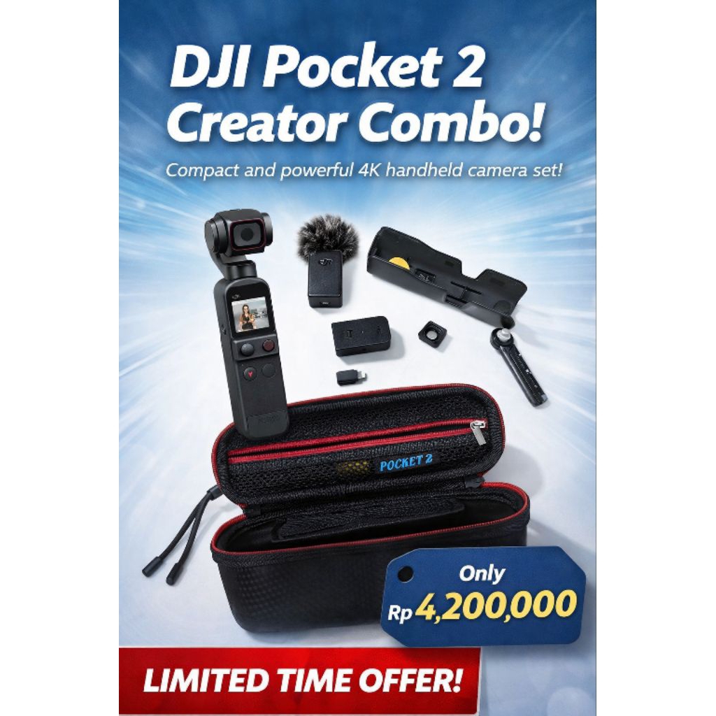 DJI Pocket 2 Creator Combo Second Preloved – 4K Stabilizer + Mic + Wide Lens – Full Aksesoris