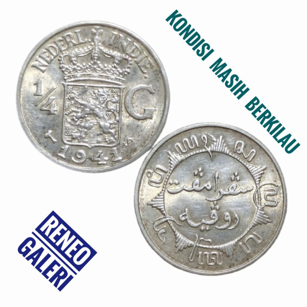 Asli Perak ¼ Gulden Nederlandsch indie era wilhelmina 1/4 seperempat G uang koin kuno jaman Hindia B